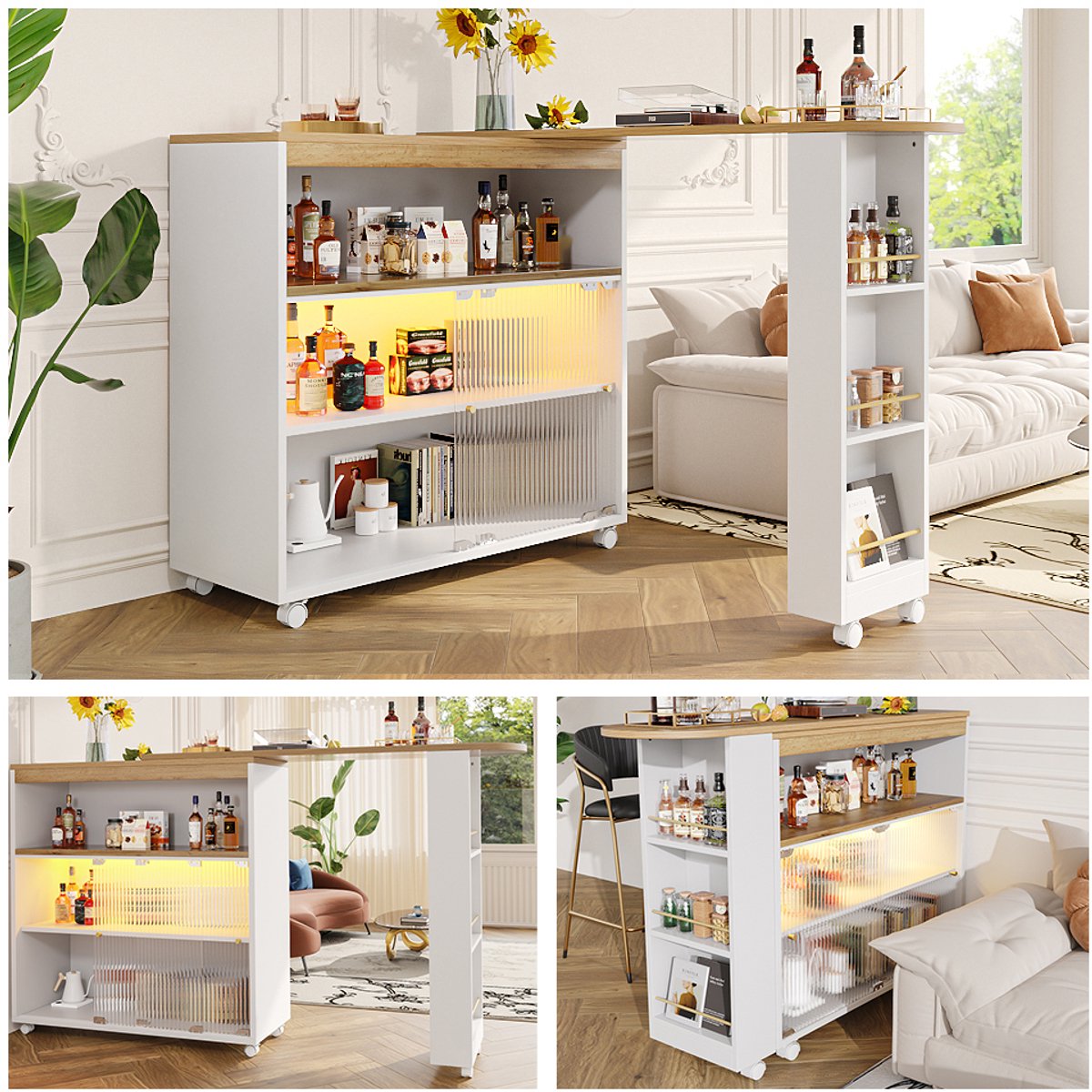 FloraGrace Bartafel - Uitschuifbaar Met Led En Opbergruimte - Verrijdbaar Voor Keuken En Eethoek - MDF - 138-204x39x105 Cm - Wit