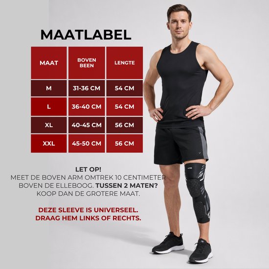 Man met zwarte tanktop en shorts, draagt een zwarte kniebeschermer. Naast hem een maattabel.