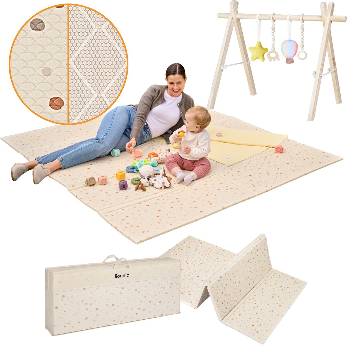 Lionelo Zora Speelmat Baby – Premium Foam Speelkleed + Babygym & Speelboog - 180×200cm – Dikke Dubbelzijdige Kruipmat Antislip – Boho Beige Speeltapijt voor Woonkamer & Kinderkamer – Opvouwbaar + Opbergtas – Baby Speelgoed vanaf 0+ Maanden