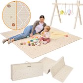 Lionelo Zora Speelmat Baby – Premium Foam Speelkleed + Babygym & Speelboog - 180×200cm – Dikke Dubbelzijdige Kruipmat Antislip – Boho Beige Speeltapijt voor Woonkamer & Kinderkamer – Opvouwbaar + Opbergtas – Baby Speelgoed vanaf 0+ Maanden