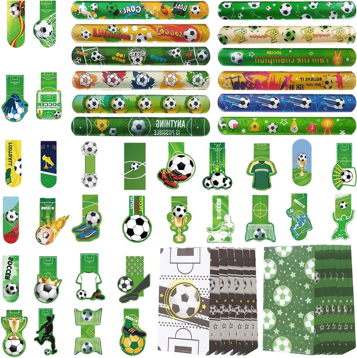Compleet 54-delig Voetbalset met Magnetische Boekenleggers, Armbanden en Cadeautassen voor Verjaardagsfeestjes en Voetbaldecoratie voor Kinderen en Fans