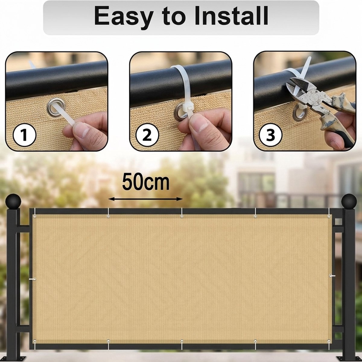 Azalia Balkonscherm 75x600cm Waterdicht Balkonafdekking Inkijkbescherming Ondoorzichtig Balkonomranding Met Oogjes Windscherm UV-bescherming Voor Balkon Tuin Terras-Sand Beige