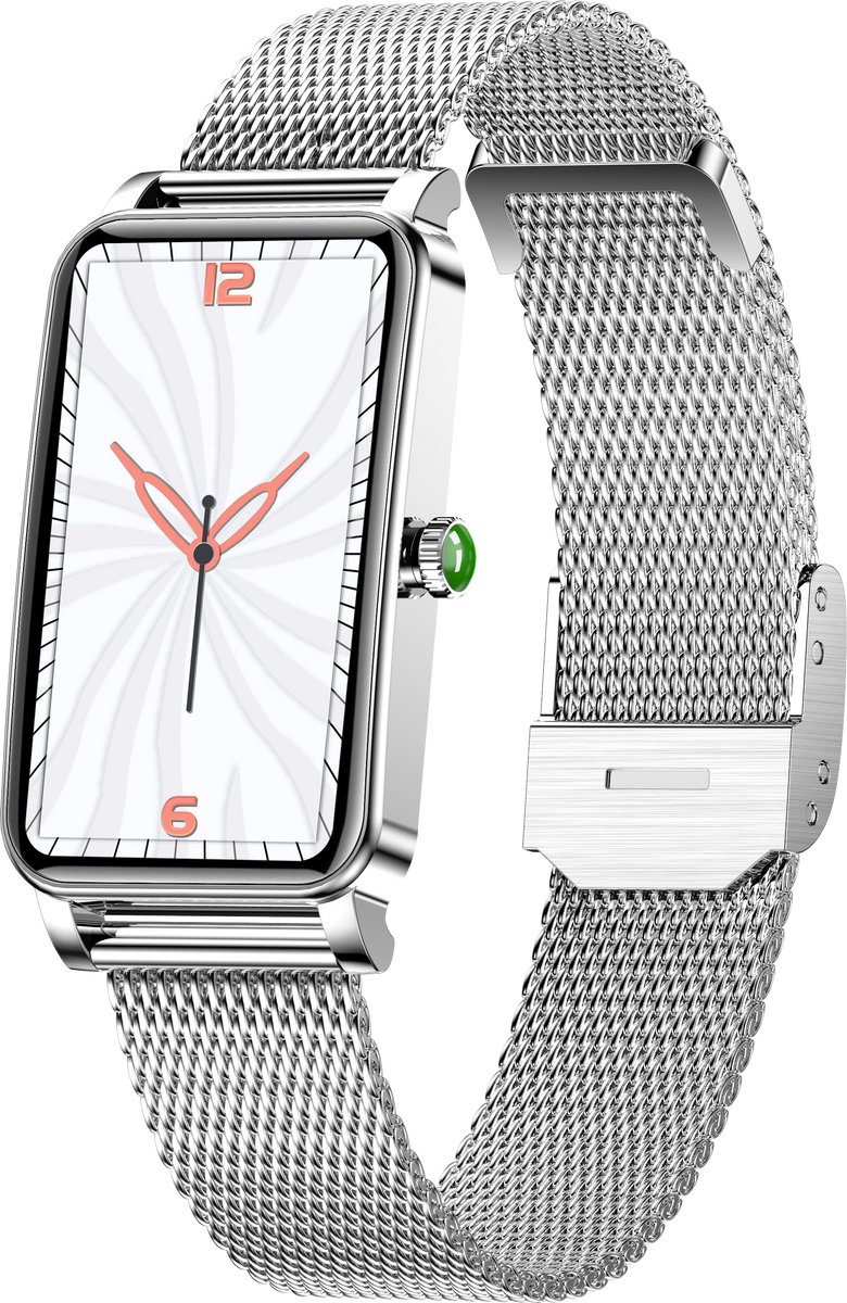 Knobbout Smartwatch met 1.45” Scherm (3,7 x 2,5 cm) HD Touchscreen – Hartslag, Bloeddruk, Zuurstofmeting – 12 Sportmodi – IP68 Waterdicht – Compatibel met Android & iOS - Zilver stalen band