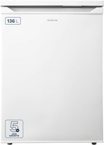 Witte Inventum tafelmodel koelkast met grijze bovenrand. Linksboven 136 L. Rechtsonder een blauw logo met '5 jaar garantie'.