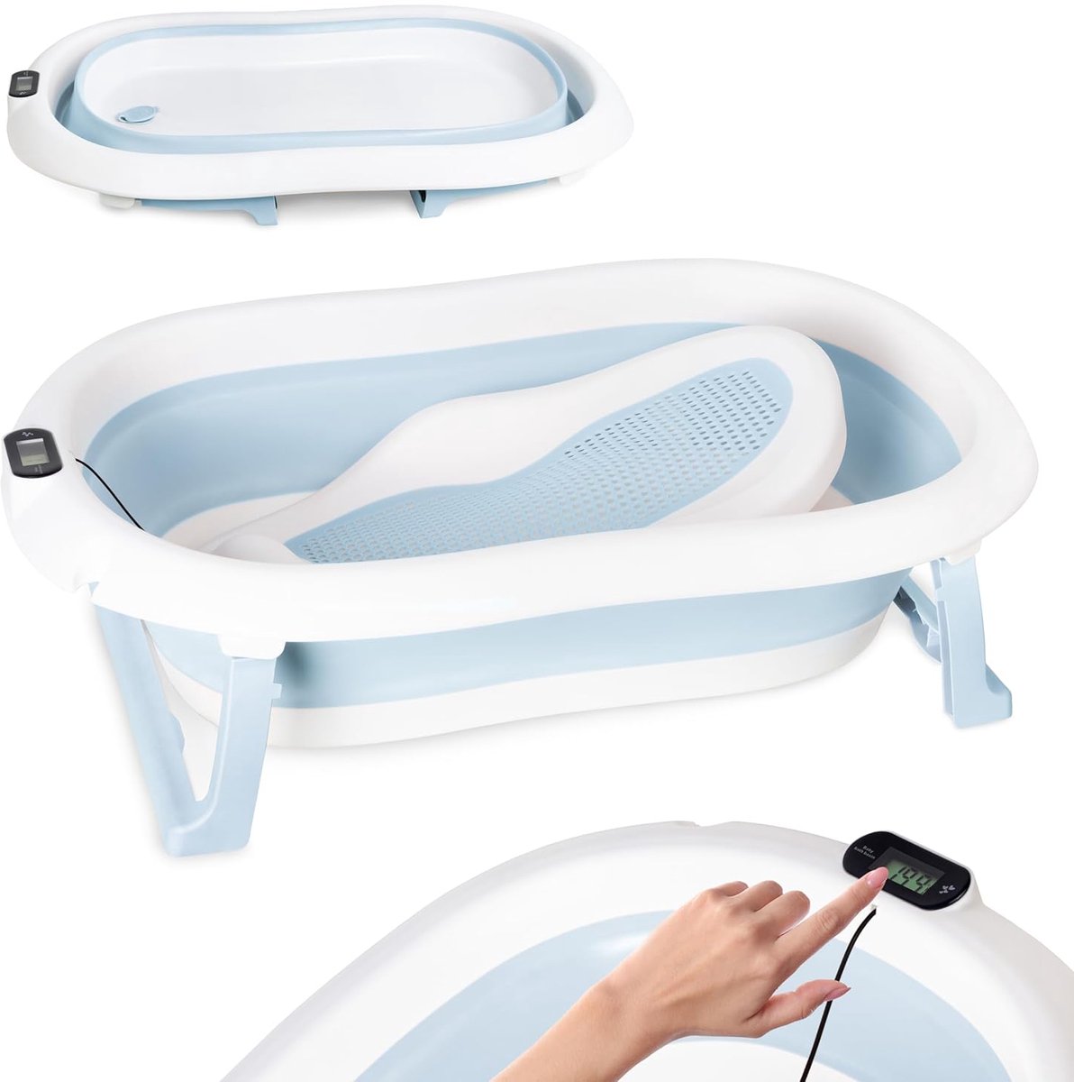 moovkee. Opvouwbaar Babybad 80 cm Blauw - Babybadewanne met Thermometer en Badesitz - Antislip Draagbare Babybadkuip voor 0-36 Maanden