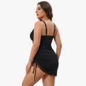 Maillot de bain noir avec décolleté en V, mesh et jupe à volants, vu de dos.