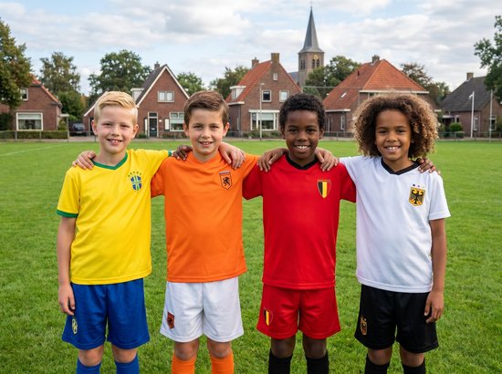 Vier lachende jongens in voetbaltenues: geel, oranje, rood en wit.