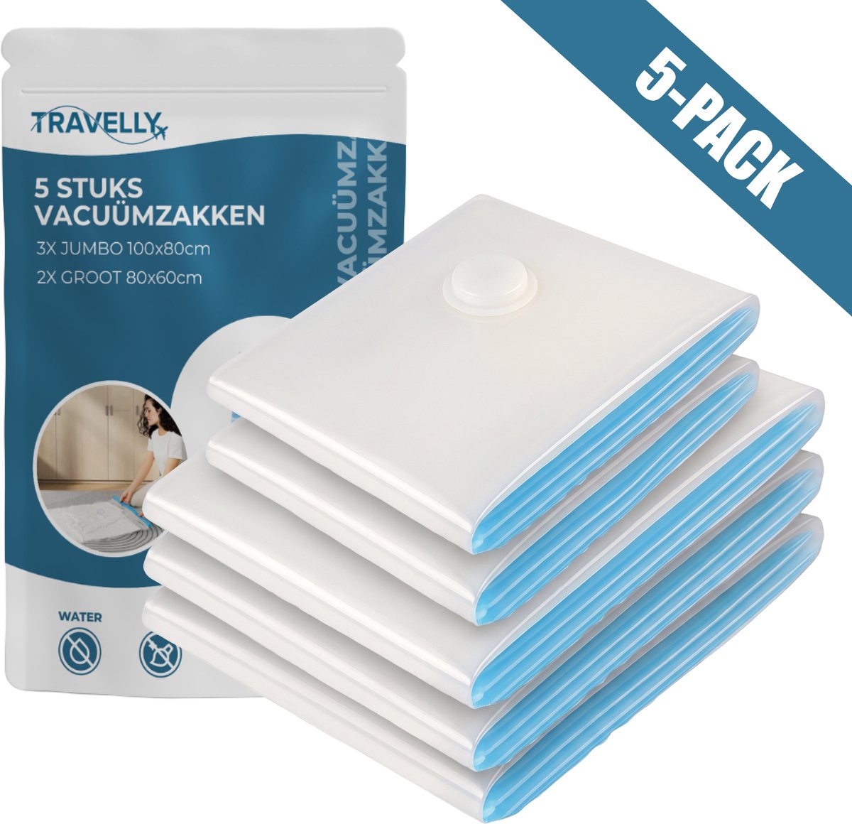 Travelly® – Vacuümzakken & Reiszakken Set – Kleding Opbergen & Reizen – Luchtdicht – Herbruikbaar – Ruimtebesparend – Set van 5 – Transparant