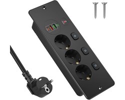Stopcontact - Inbouwstopcontact - Stekkerdoos voor op het bureau - Stopcontact met drie pinnen - Met 4 USB-C-poorten - Afzonderlijk schakelbaar stopcontact - Geschikt voor keuken, huis en kantoor - Kabel van 2 meter - Zwart
