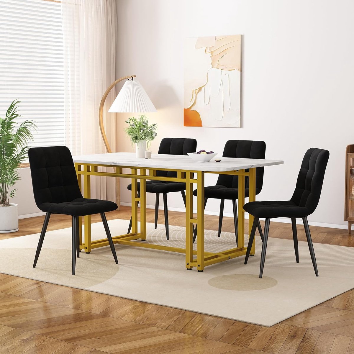 Luxe Moderne Velvet Eettafelset 4 Stoelen 120x70 cm Zwart met Gouden Metalen Poten – Keuken- en Eetkamermeubelset