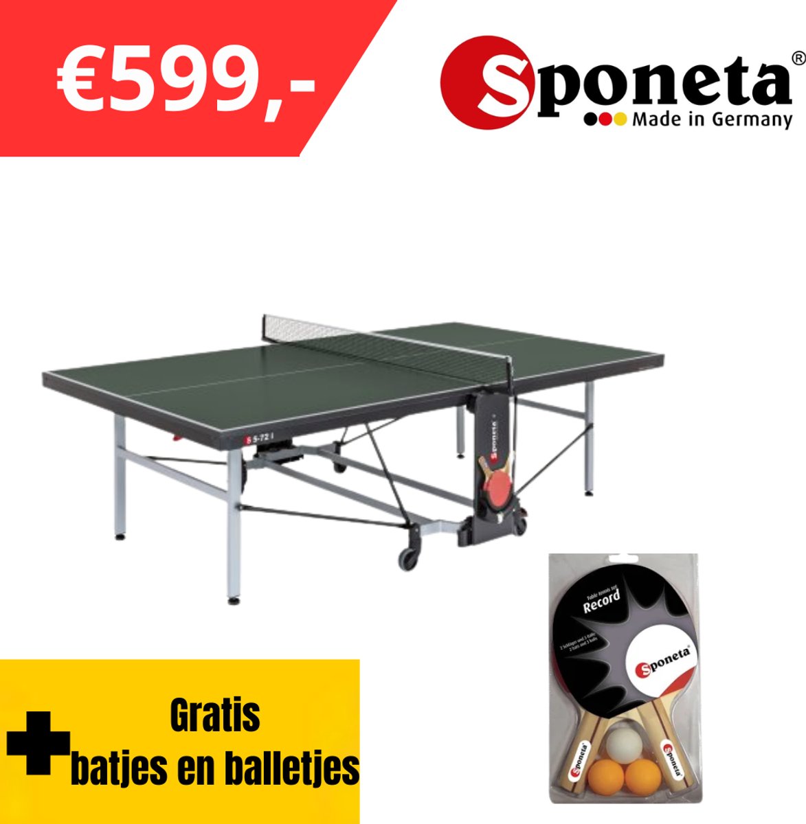 Sponeta® S5-72i Tafeltennistafel indoor - Pingpongtafel voor binnen - Speeltoestel - Inklapbaar - Zelftrainer - Inclusief 2 batshouders en tafeltennisnet - 22mm groen blad - 3 Jaar garantie - LxBxH 274x152,5x76cm - 100% FCS Hout - Made in Germany