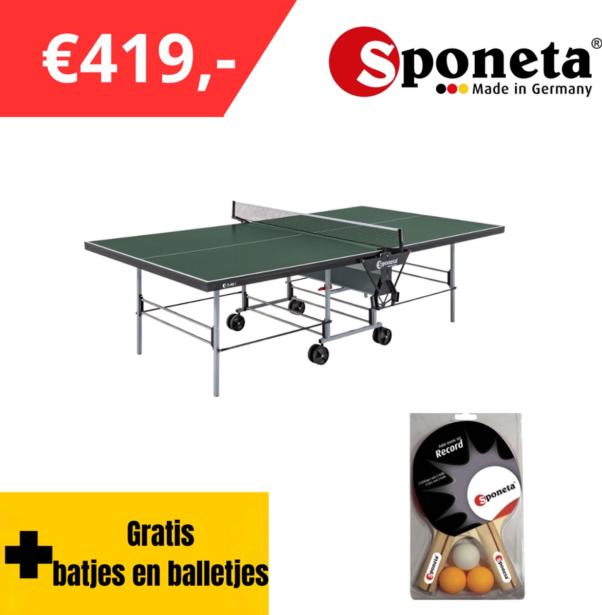 Sponeta® S3-46i Tafeltennistafel Indoor Groen - Pingpongtafel voor binnen - 3 jaar garantie - Speeltoestel voor binnen- Inklapbaar - Zelftrainer - Inclusief bathouder en Net - Groen blad - Tafeltennistafel - Made in Germany - Pingpong - Tafeltennis