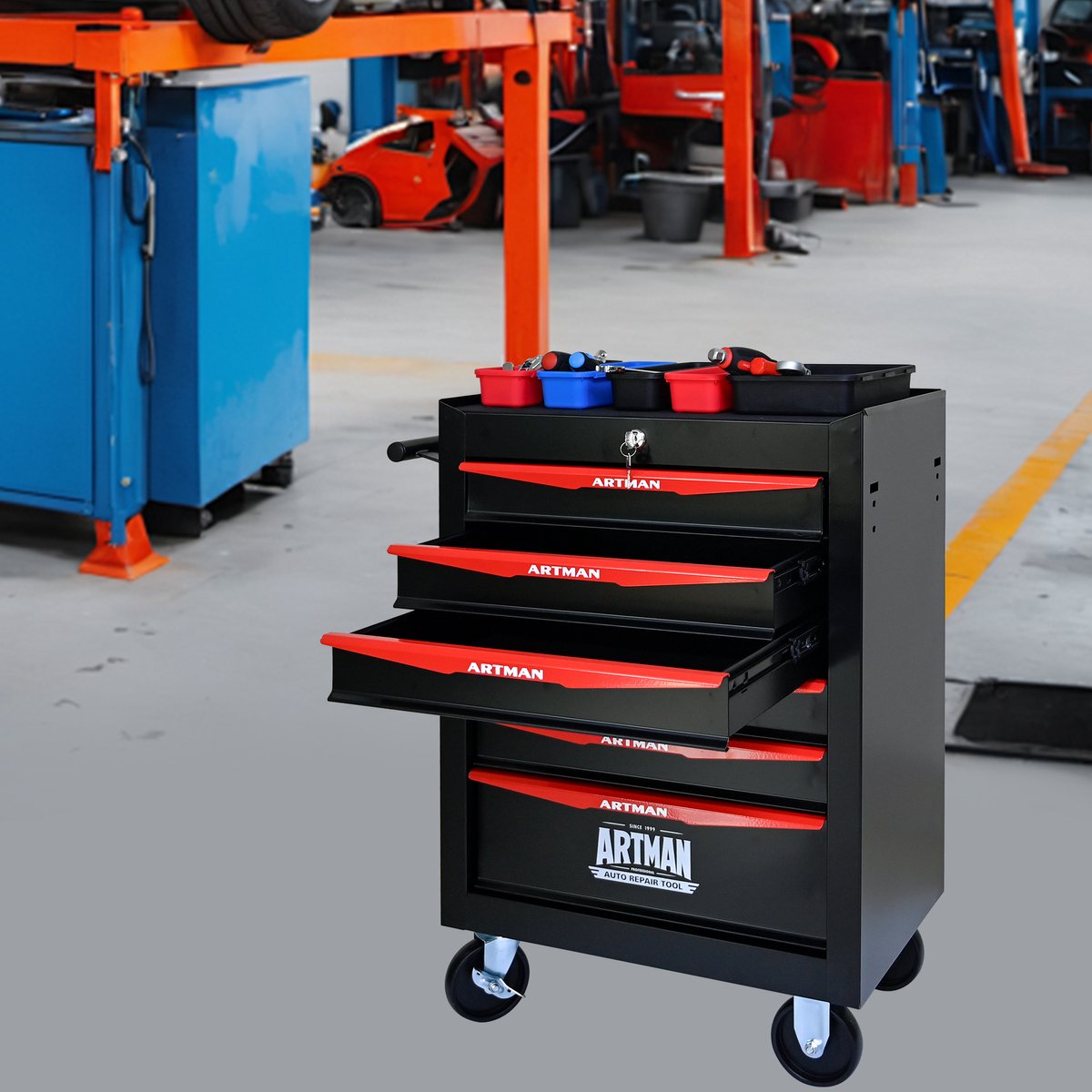 STILVORA Gereedschapskar - Metalen Gereedschapswagen Met 6 Lades En Slot - Voor Werkplaats En Garage - Staal - Zwart Rood - 52,5x33x77,5 Cm