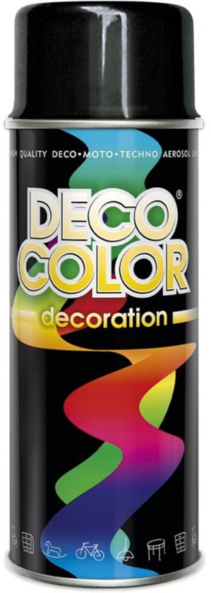 Zwarte spuitbus van Deco Color met kleurrijke decoratieve strepen en het logo.