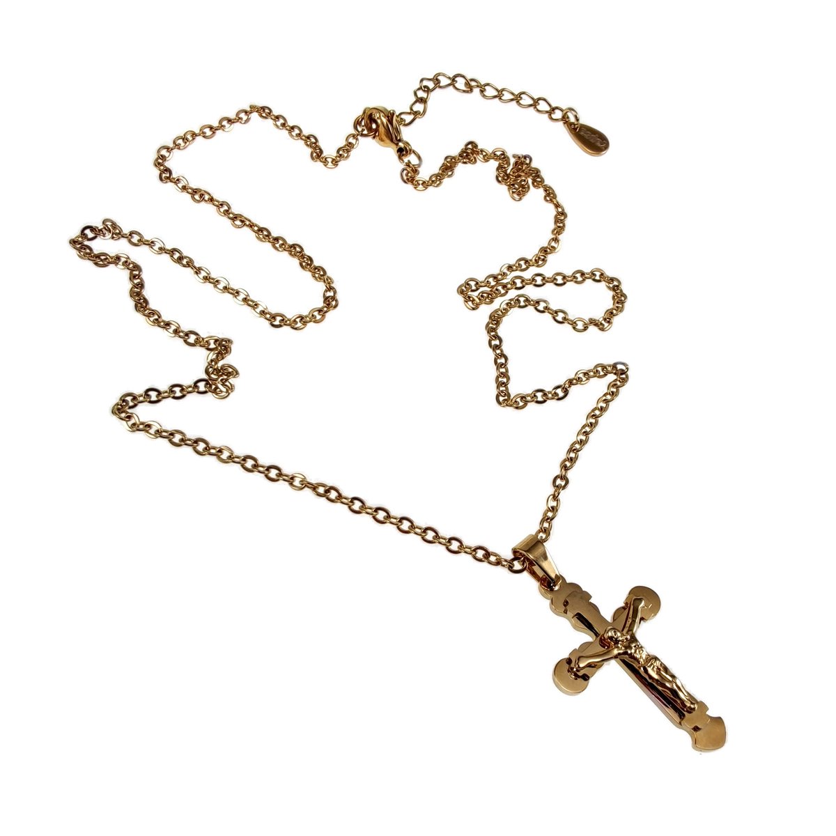 Ketting met Kruis Hanger en Jezus, Roestvrij Staal (RVS) Verguld, Unisex - Verstelbaar 50-55 cm