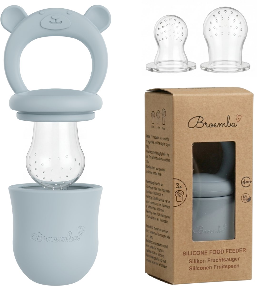 Broemba Fruitspeen Baby - Set met 3 Spenen - Sabbelzakje met Bijtring - 100% siliconen Fopspeen voor groente & fruit - Blauw
