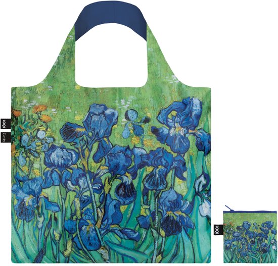 Sac vert clair avec un imprimé d'Iris de Vincent van Gogh en bleu et vert. Comprend une petite pochette de rangement.