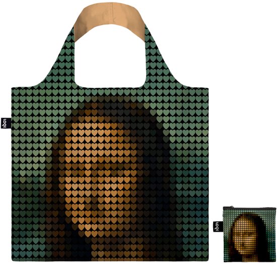 Zwarte tas met een mozaïek van het Mona Lisa portret, gemaakt van hartjes. Beige hengsels. Opgevouwen versie met het portret.