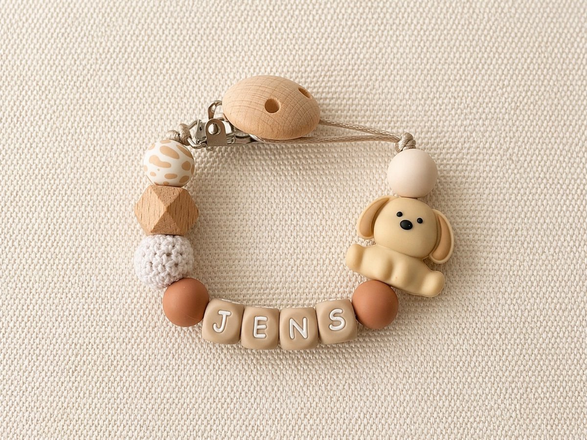 Speenkoord met naam | gepersonaliseerd | bruin, beige met hondje | verzending binnen 24h | kies zelf de kleur letterkralen | kraamcadeau & baby cadeau | speenketting | baby