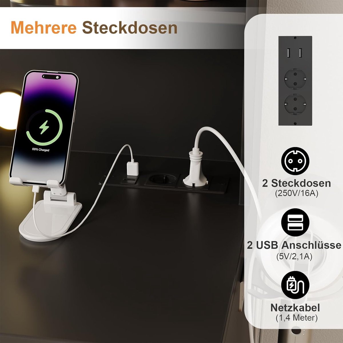 Make-uptafel met LED Spiegel en Stopcontact – ABTkantoor Luxe Kaptafel 110x40x137 cm – Zwart – Inclusief Kruk – 7 Laden – 6 Open Vakken – 10 LED Lampen – Moderne Dressing Table