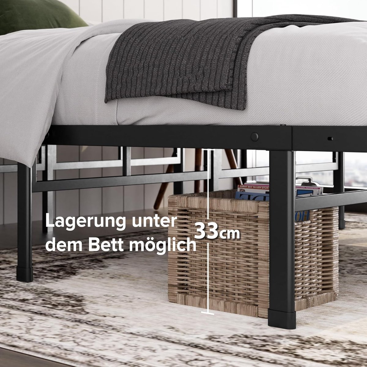 Metalen Bedframe 180x200 cm – 36 cm Hoog Stalen Matrasdrager met Opbergruimte – Stevig & Eenvoudig te Monteren – Modern Zwart