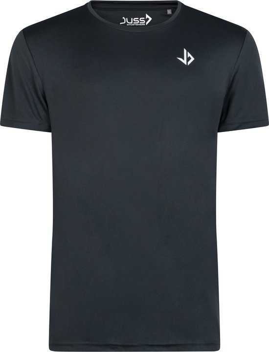 Antracietgrijs sportshirt met korte mouwen, ronde hals en wit JUSS-logo op de borst.