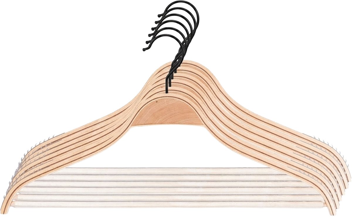 KADAX Houten kleerhangers met ingekerfde schouders, broekstang, ruimtebesparende garderobehanger voor broeken, rok, overhemd, pak, antislip, 360° draaibare metalen haak (6)