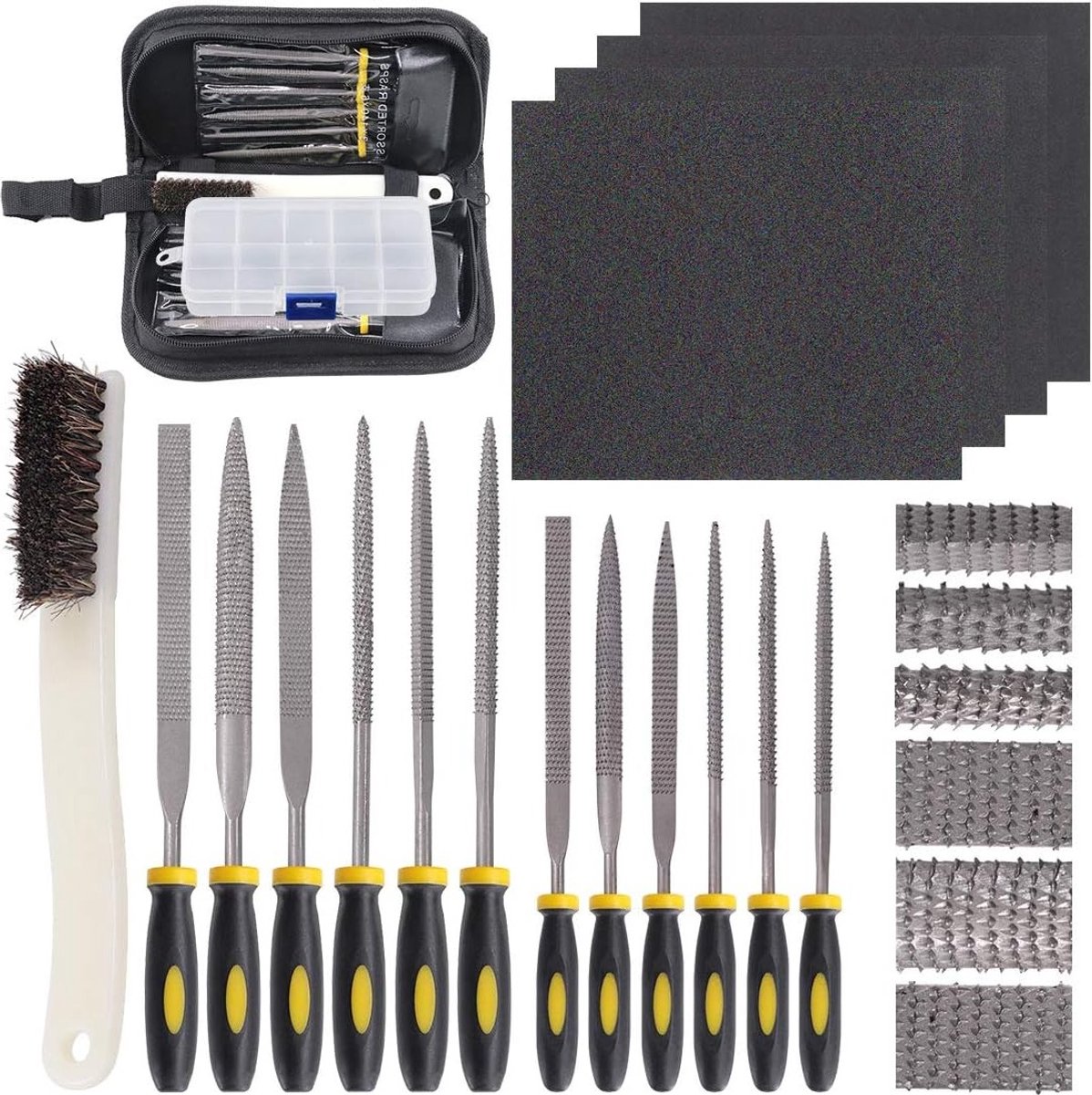 Mini Houten Rasp Set met 12 Stuks, Inclusief Borstel en Opbergdoos, Perfect voor Houtbewerking en Sieraden Maakprojecten