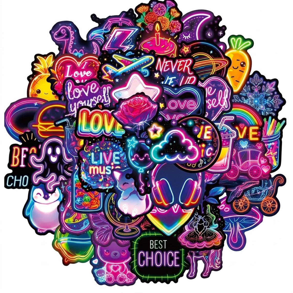 Multikleur neon stickers set 50 stuks – graffiti stickers met paarse en kleurrijke illustraties – pvc plak stickers voor kinderen en volwassenen – decoratieve sticker set
