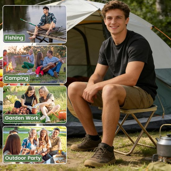 Opvouwbare kruk voor volwassenen - Draagbare rugzakstoel - Duurzaam en met hoog draagvermogen - Compact en lichtgewicht - Reis- en campingkruk - Inclusief opbergtas - Draagbare opvouwbare zitting - Khaki - Maat M — afbeelding 5