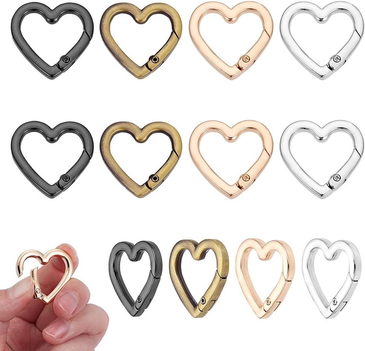 Sleutelhangers in 4 kleuren, 12 stuks, hartvormige metalen veerringen met kliksluiting, ideaal voor rugzakken en accessoires, 28.5x29.5x4.5mm