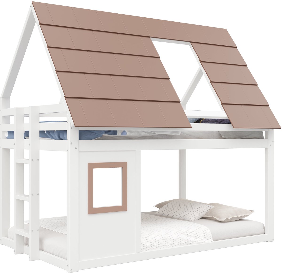 Merax Stapelbed voor Kinderen 140x200 cm - Bed in Huisvorm met Dak en Ladder - Hout - Wit Bruin