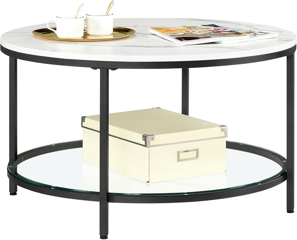 Vasagle LCT071B13 Salontafel, woonkamertafel, voor woonkamer, met glazen blad, veel opbergruimte, eenvoudige montage, moderne stijl, marmeren wit-inktzwart Marmer wit + inkt zwart