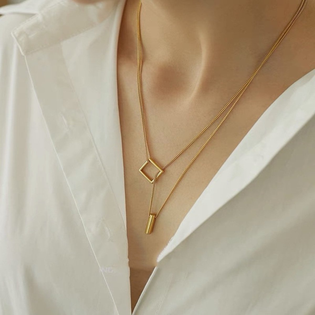 Helin Life damesketting S925 zilver - dubbellaags geometrisch ontwerp met vierkanten en cilinders - 14-karaats verguld - luxe geschenkverpakking - perfect cadeau voor dames - goud-50cm