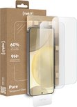 Verpakking met 2 screenprotectors, GRS Gecertificeerd Gerecycled Glas, 9H+ bescherming en installatiebox.
