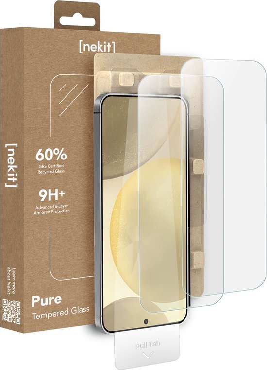 Verpakking met 2 screenprotectors, GRS Gecertificeerd Gerecycled Glas, 9H+ bescherming en installatiebox.
