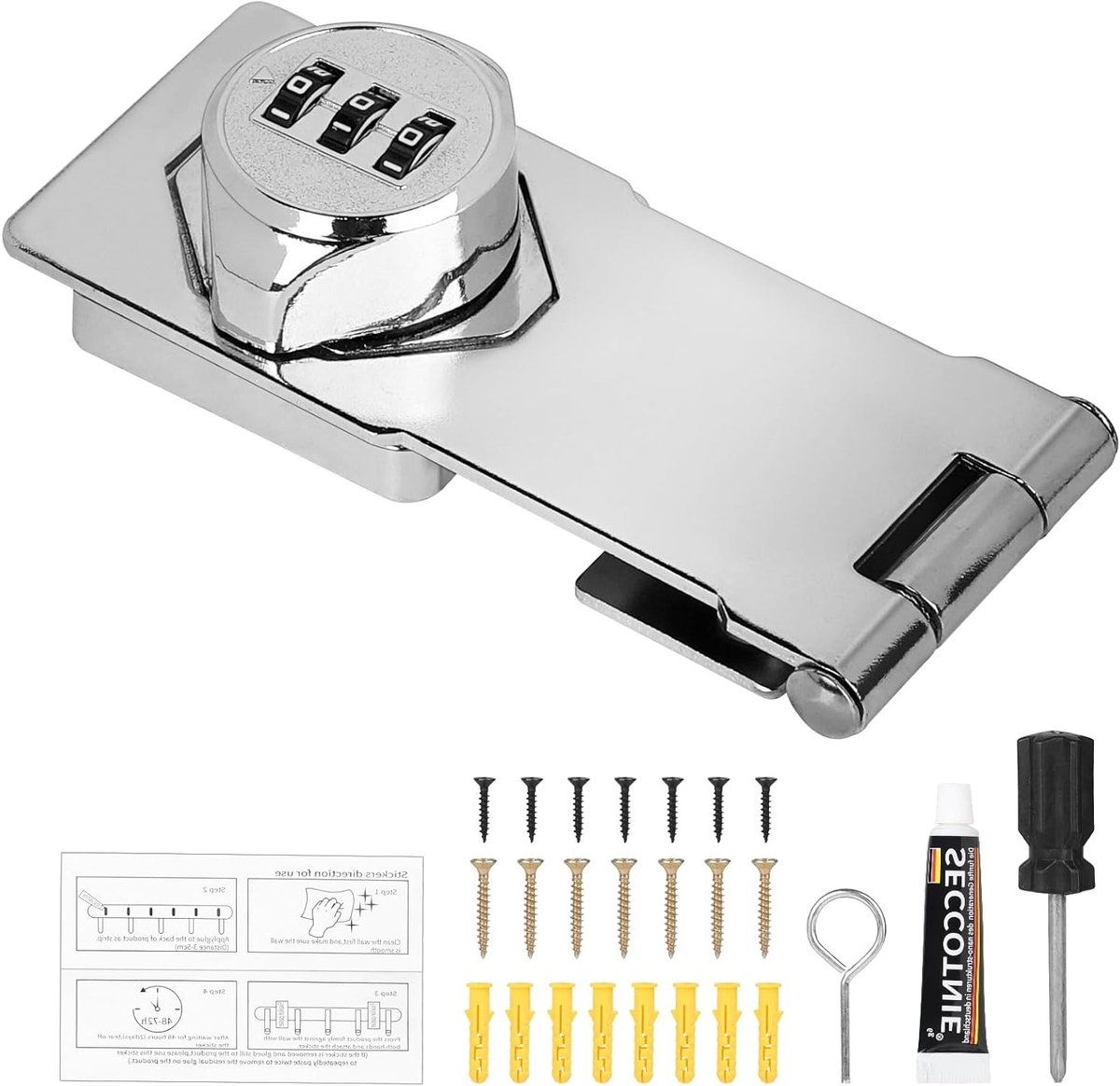 Mechanisch 3-cijferig combinatieslot voor kleine deuren, schuurdeuren en garagedeuren - 4.5 inch beveiligingsslot met schroef voor buitengebruik, badkamer en tuin, zilver