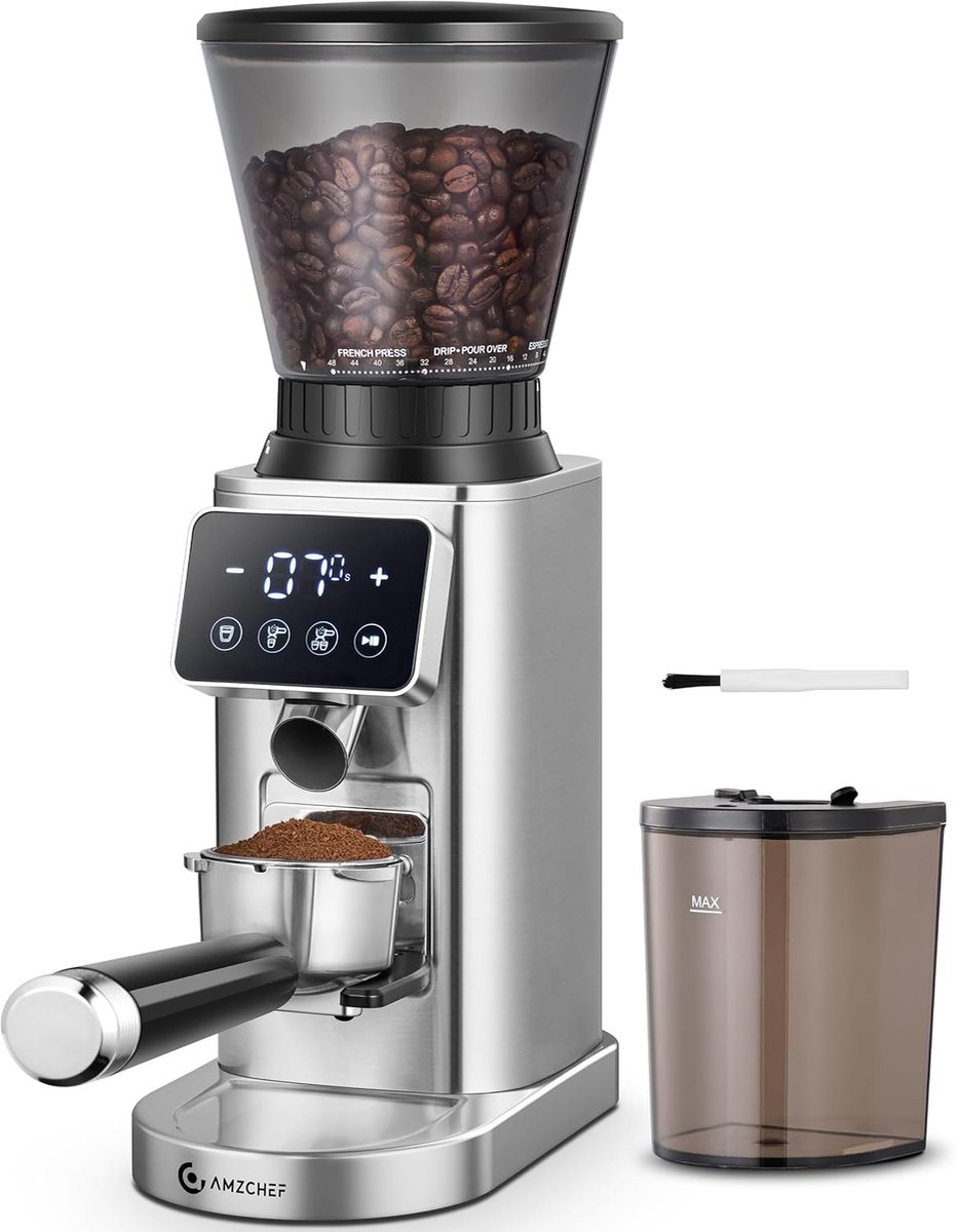 AMZCHEF CG209 - Elektrische Koffiemolen - Conische Maalschijf - Digitaal Display - Zilver