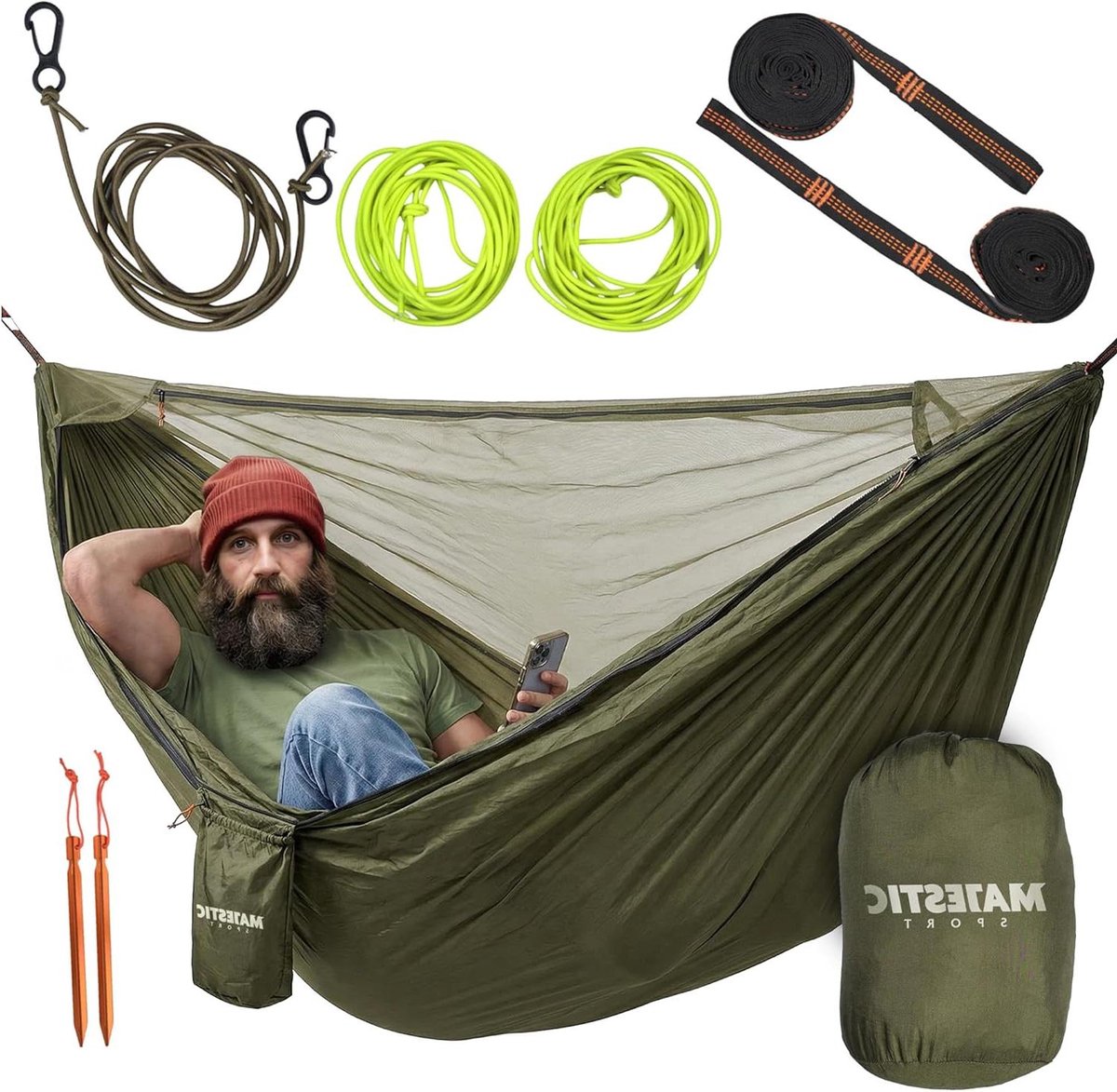 Hangmat met muggennet - Draagbare kampeerhangmat - Outdoor ontspanning - Afneembaar muskietengaas - 330 x 150 cm - Groen