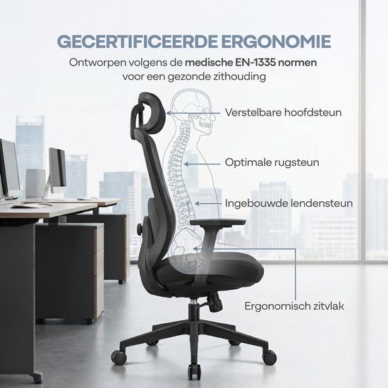 Zwarte bureaustoel met ergonomische kenmerken, waaronder hoofdsteun en lendensteun.