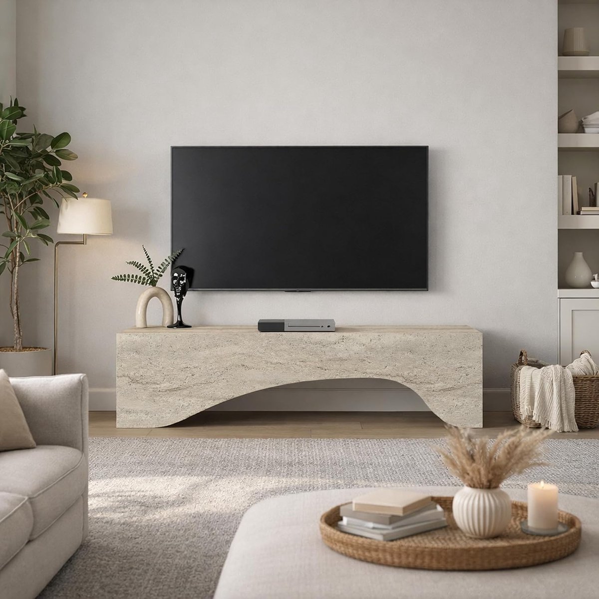 TV meubel 150 cm – Travertin look lowboard steenlook modern design – TV kast / dressoir woonkamer minimalistisch televisiemeubel – Urbanhome