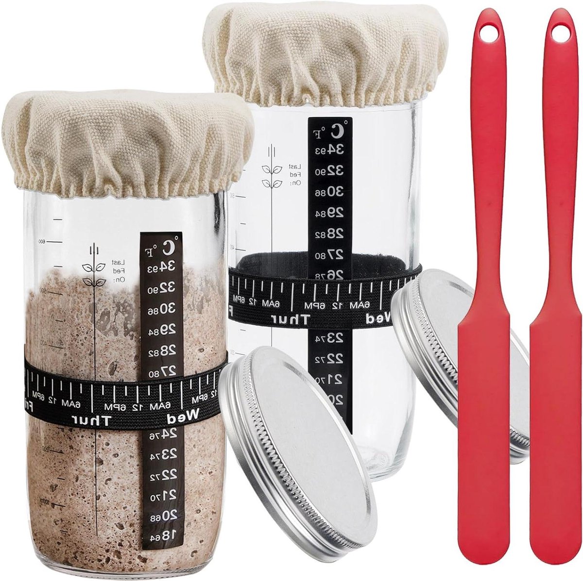 Zuurdesem Starter Kit - Bakgereedschap Set - Brood Bakken - Met Datum Gemarkeerd - 2 Potten 680ml - Transparant