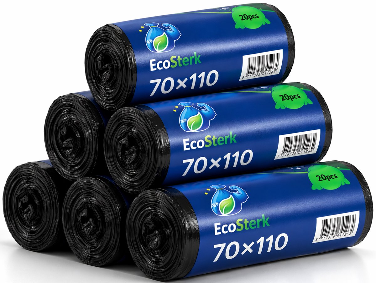 EcoSterk Vuilniszakken - 120 Liter - 20 Stuks - Afvalzakken - Gerecycled LDPE - 70cm x 110cm - Zwart - 6 Rollen