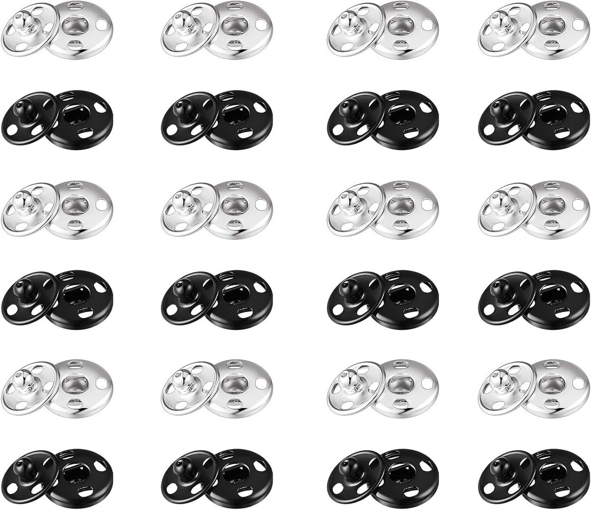 Set van 24 Draagbare Drukknopen in Zwart en Zilver voor Handtassen, Kleding en Creatieve Naai-projecten (7mm)