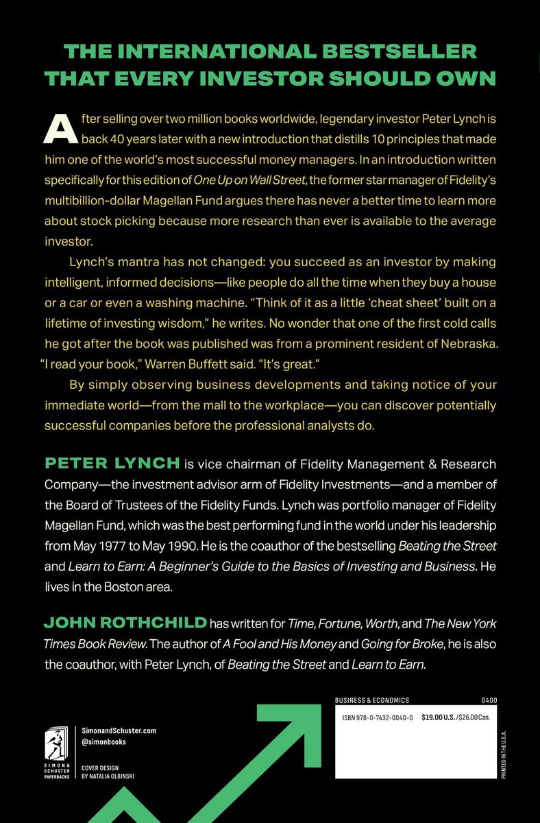 Dos du livre "One Up on Wall Street" avec un résumé, des biographies des auteurs Peter Lynch et John Rothchild, et une flèche verte ascendante.