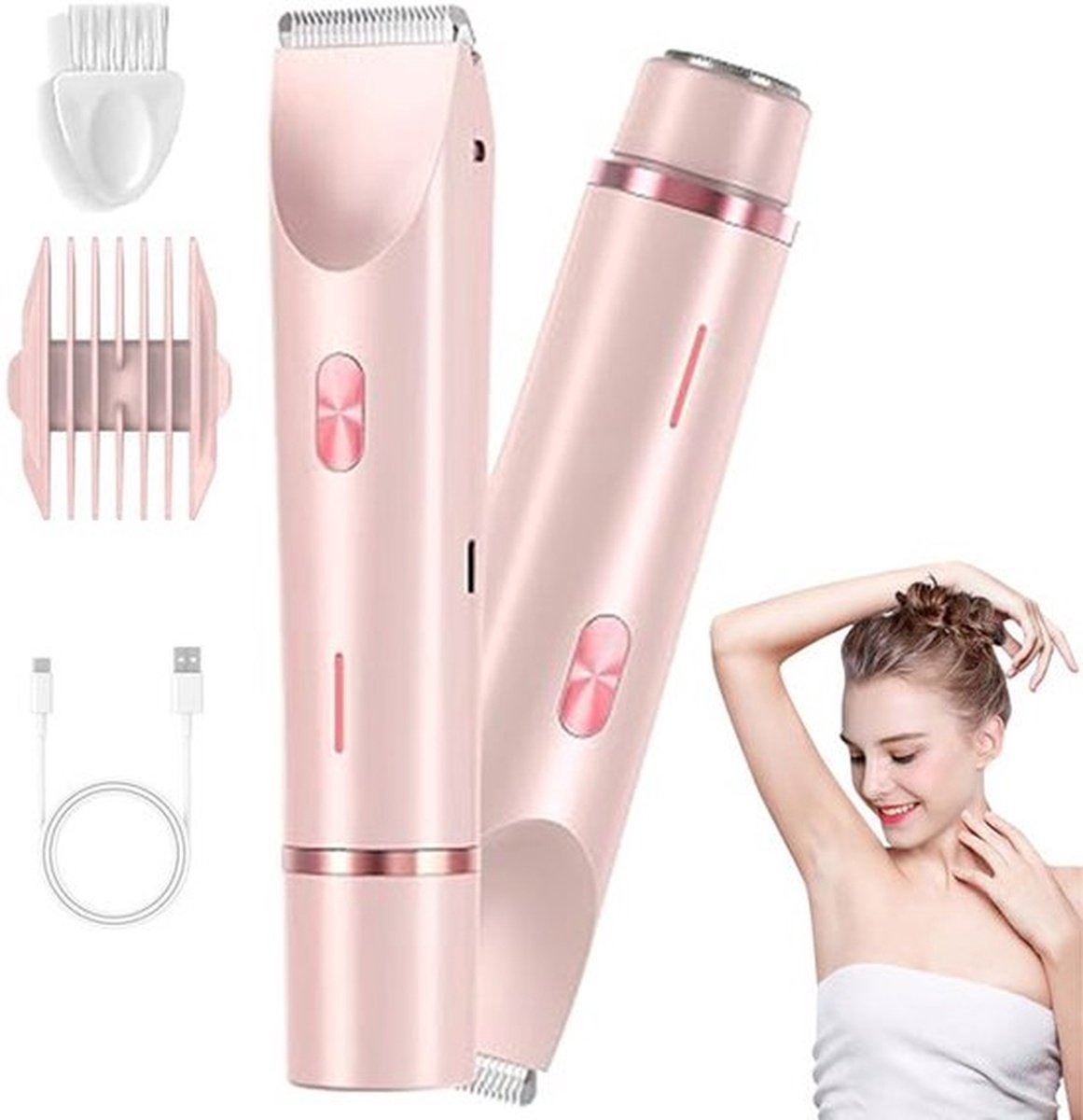 2-in-1 Elektrische scheerapparaat voor vrouwen - bikinilijn trimmer, waterdicht, geschikt voor nat en droog gebruik, elektrische trimmer met dubbele kop voor oksels, benen en armen — afbeelding 1