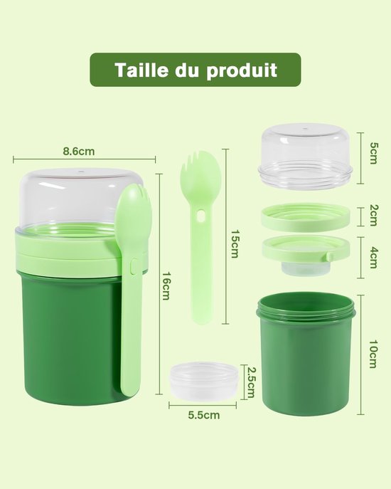 Muesli beker - Yoghurt beker to go - Overnight oats beker - Lunchbeker - Lekvrij - Met deksel - Herbruikbaar - Voor werk, school en onderweg - Groen — afbeelding 2