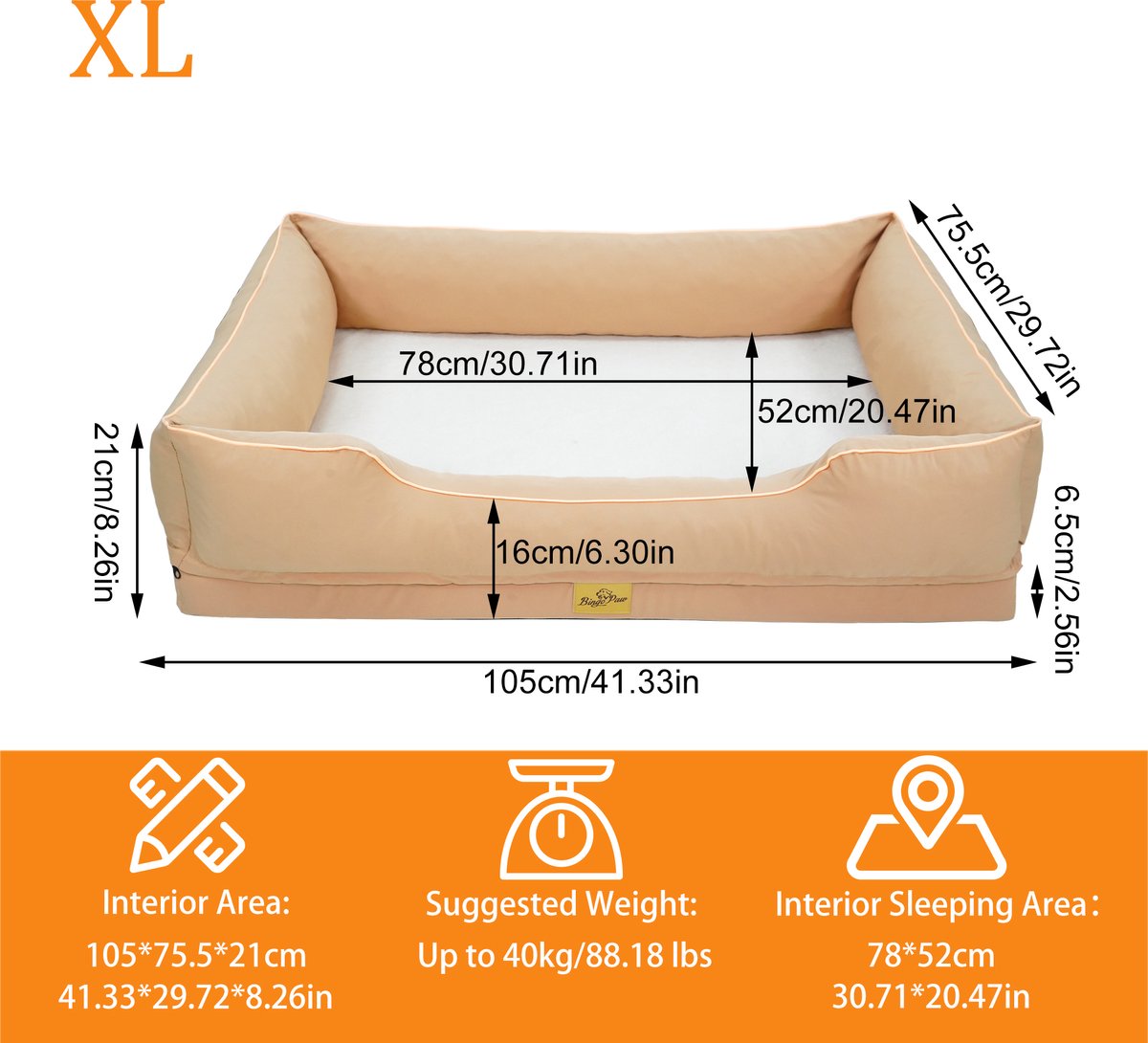BingoPaw Groot Orthopedisch Hondenkussen XL - 105x75cm - Hondenmand voor Middelgrote Honden - Beige thumbnail 4