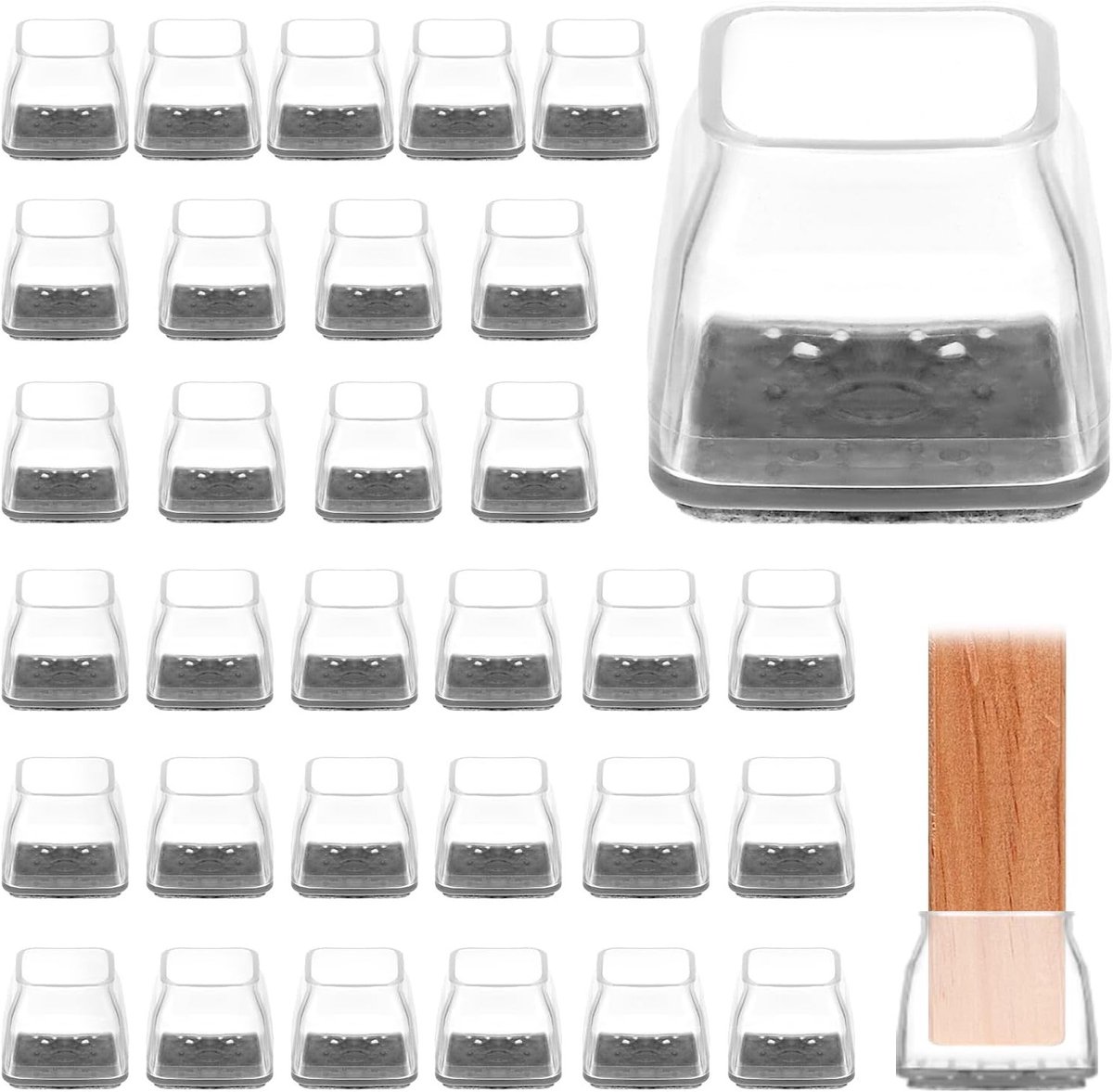 Set van 32 vierkante stoelbeenbeschermers 31-40 mm, viltglijders en transparante siliconen voor meubelpoten