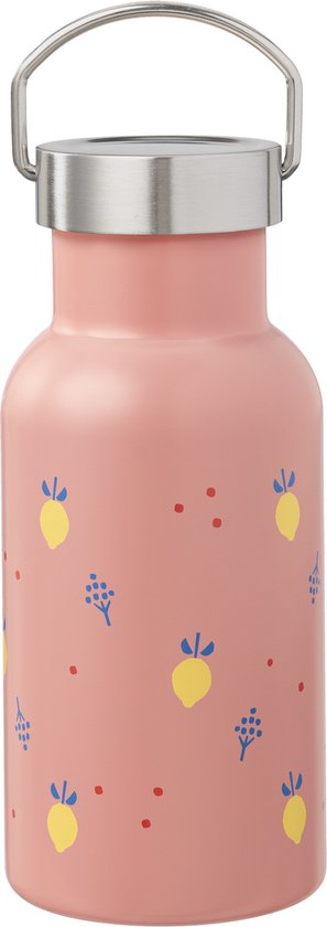 Roze thermosfles met zilveren dop en handvat, bedrukt met gele citroenen en blauwe takjes.